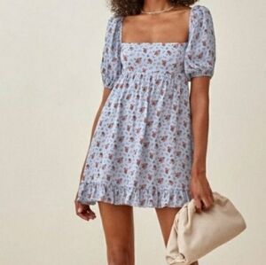 Reformation Bristol Blue Floral Puff Sleeve Smocked Mini Dress Petunia Sz Small